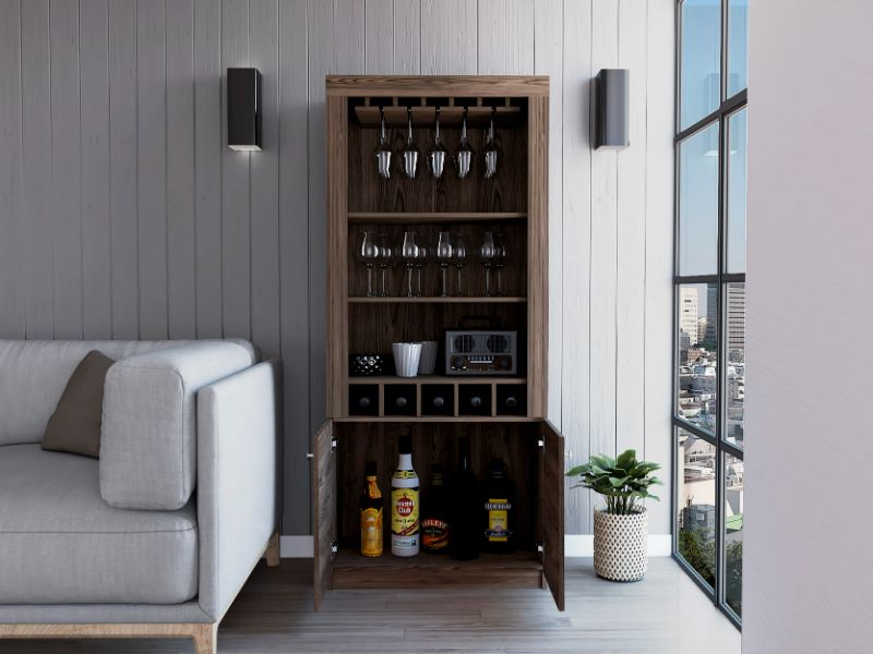 Dakota Bar Double Door Cabinet, Five Wine Cubbies, Three Shelves