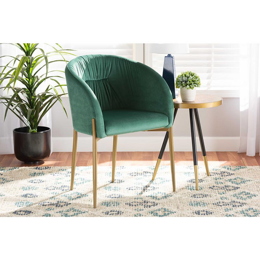 Modern Luxe and Glam Green Velvet Fabric Upholstered with Gold Finished Metal Dining Chair