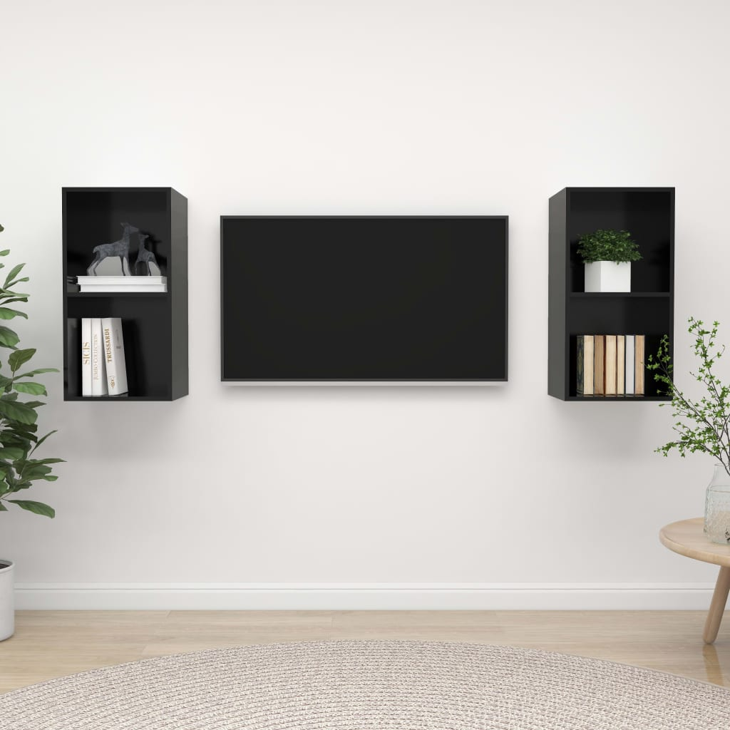 2 Piece Wall-mounted TV Cabinets - High Gloss Black Engineered Wood