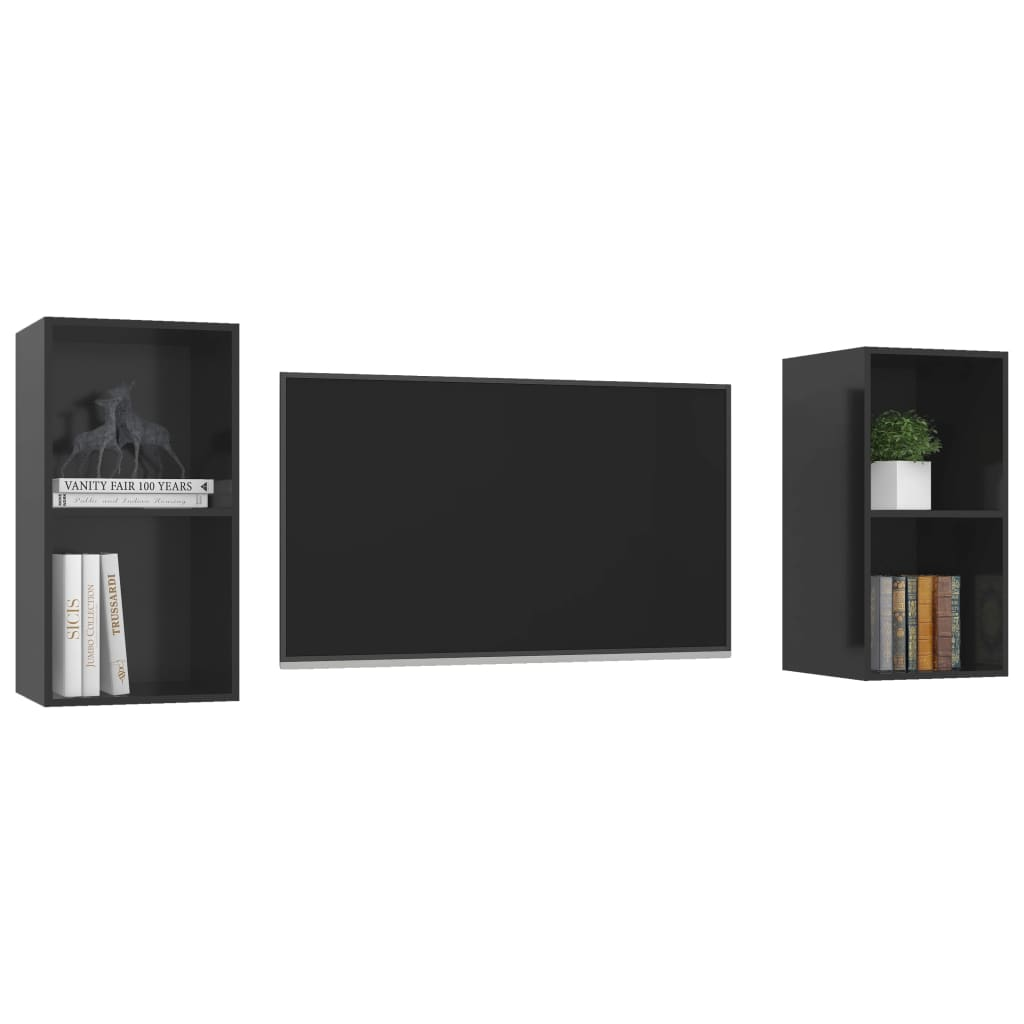 2 Piece Wall-mounted TV Cabinets - High Gloss Black Engineered Wood