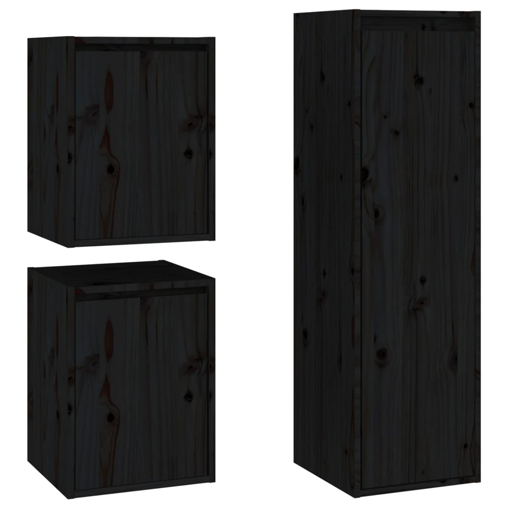 3 Piece TV Cabinets - Black Solid Pine Wood