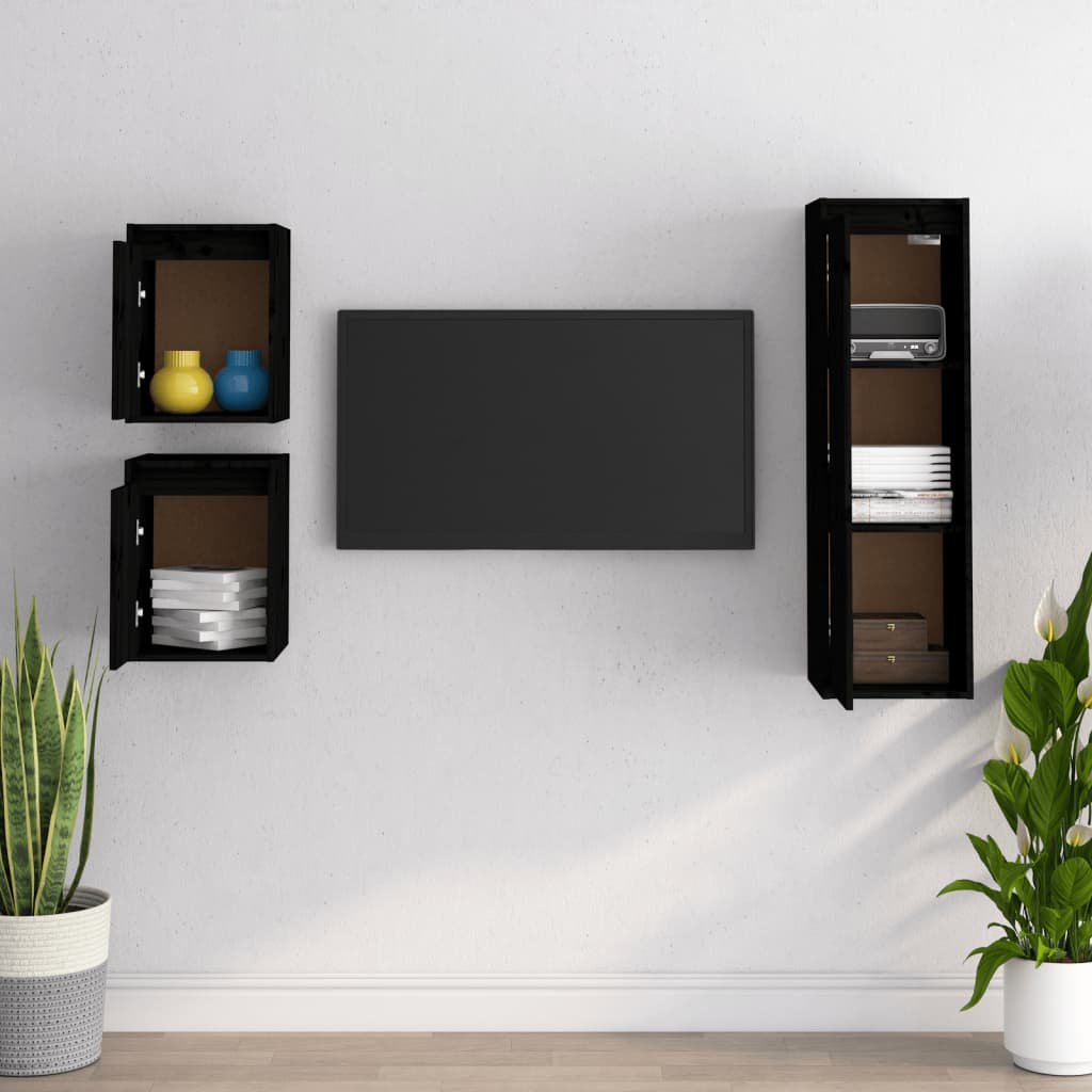 3 Piece TV Cabinets - Black Solid Pine Wood