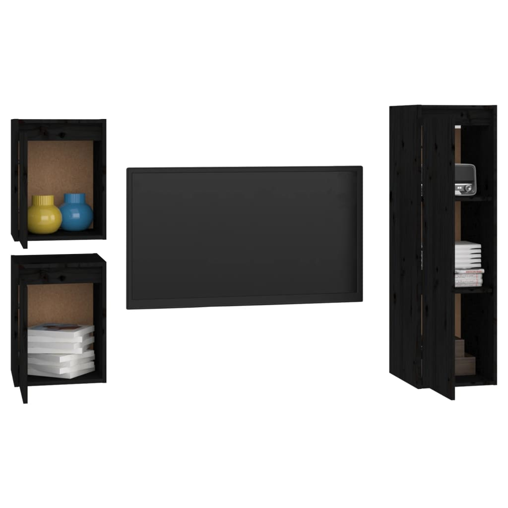 3 Piece TV Cabinets - Black Solid Pine Wood