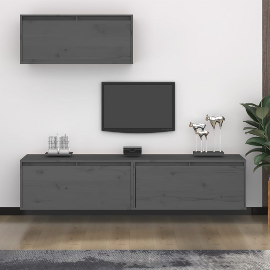 3 Piece TV Cabinets - Gray Solid Pine Wood