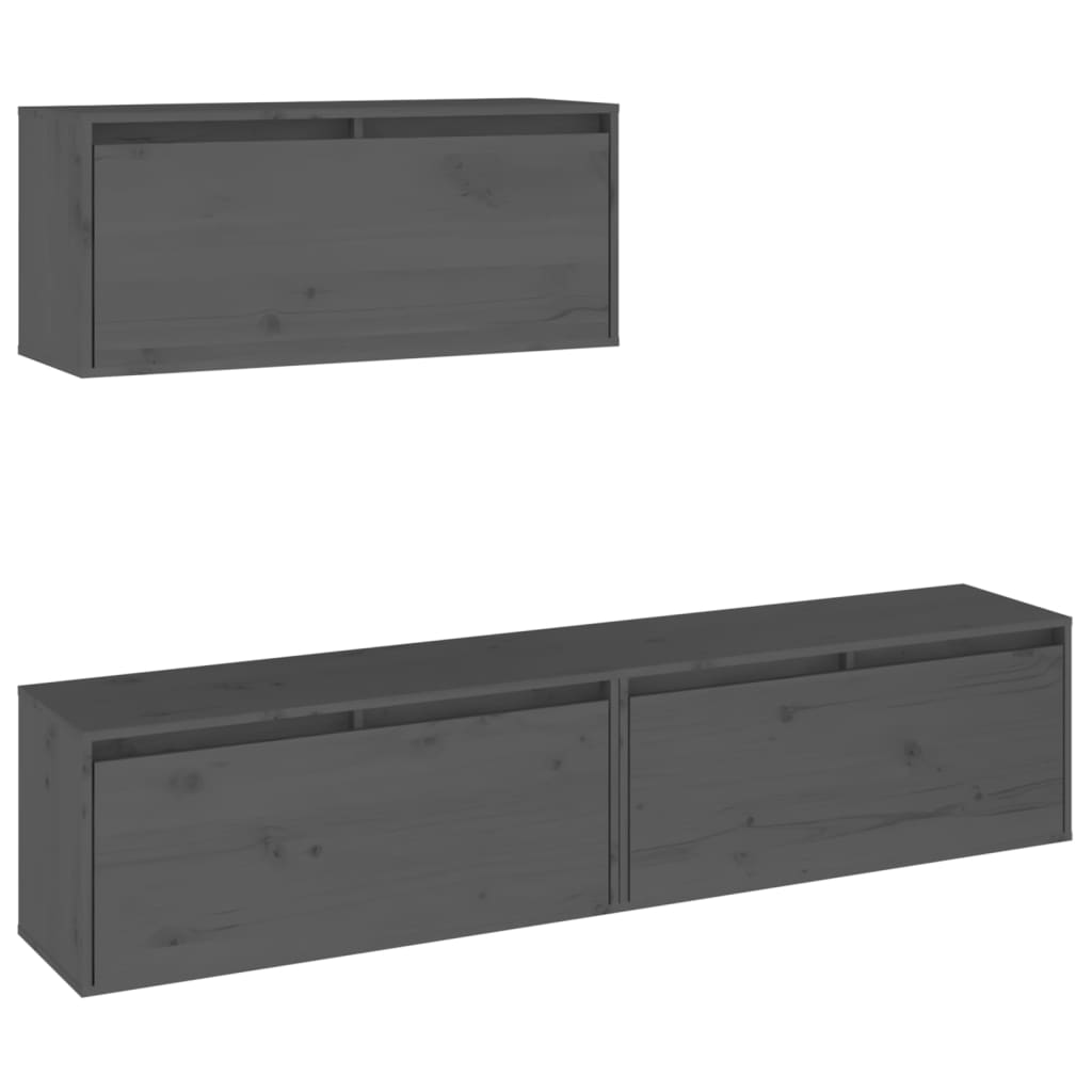 3 Piece TV Cabinets - Gray Solid Pine Wood