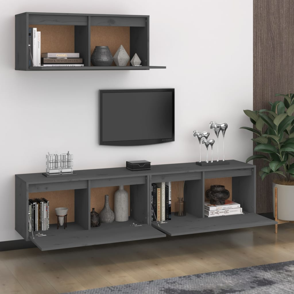 3 Piece TV Cabinets - Gray Solid Pine Wood