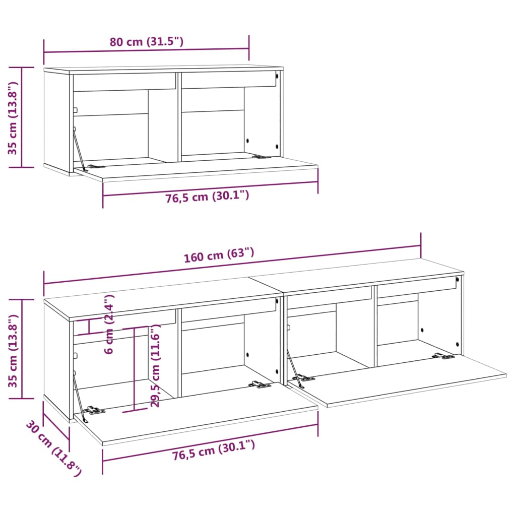 3 Piece TV Cabinets - Gray Solid Pine Wood