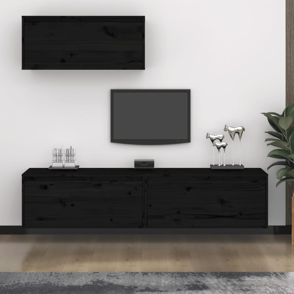 TV Cabinets 3 Piece Set - Black Solid Pine Wood