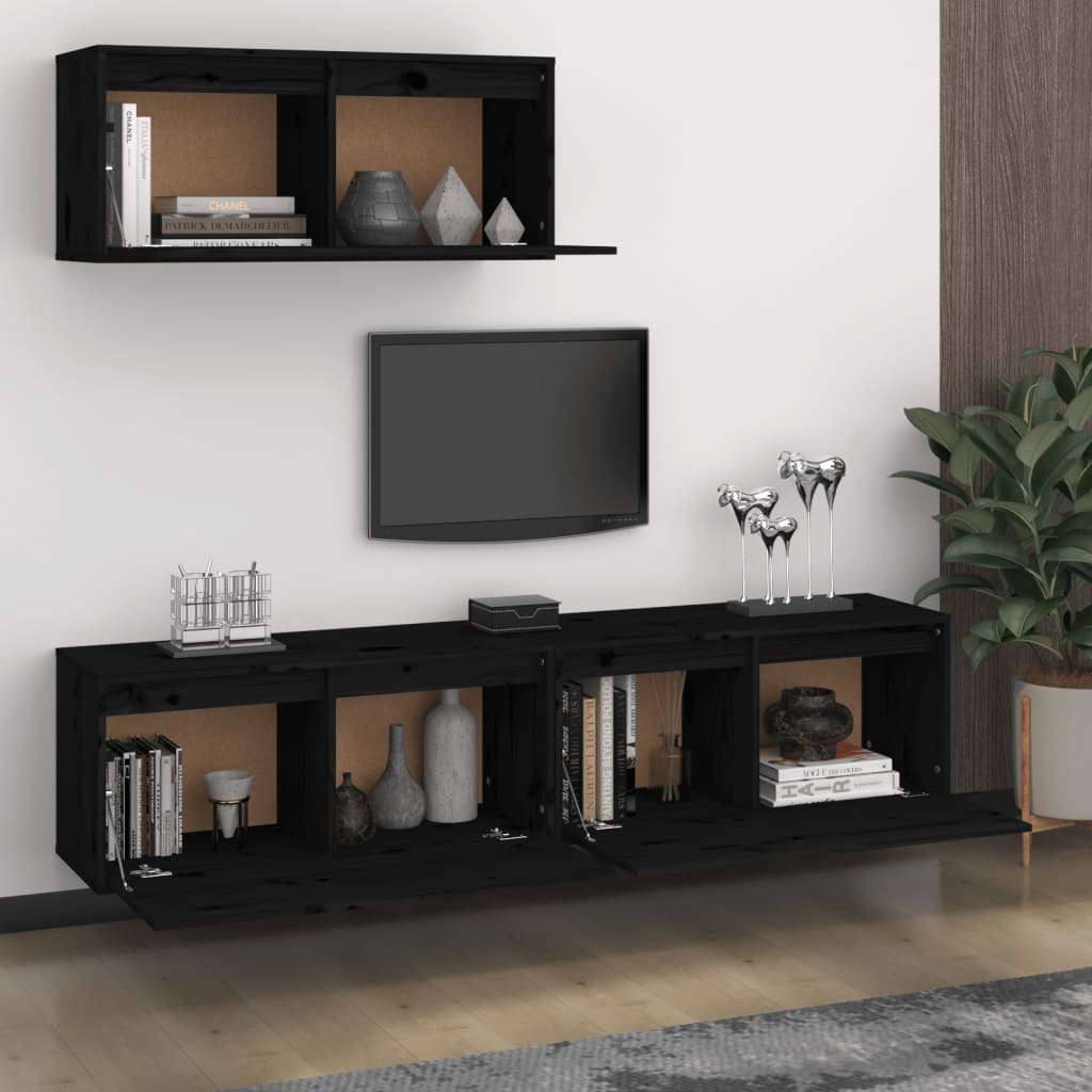 TV Cabinets 3 Piece Set - Black Solid Pine Wood