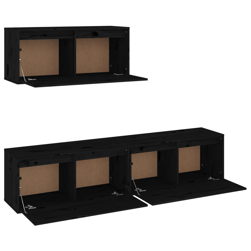 TV Cabinets 3 Piece Set - Black Solid Pine Wood