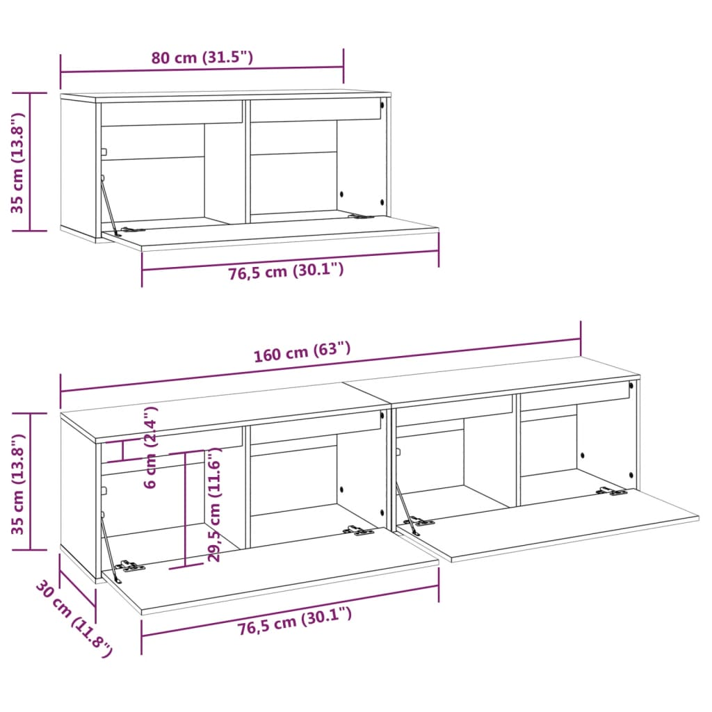 TV Cabinets 3 Piece Set - Black Solid Pine Wood