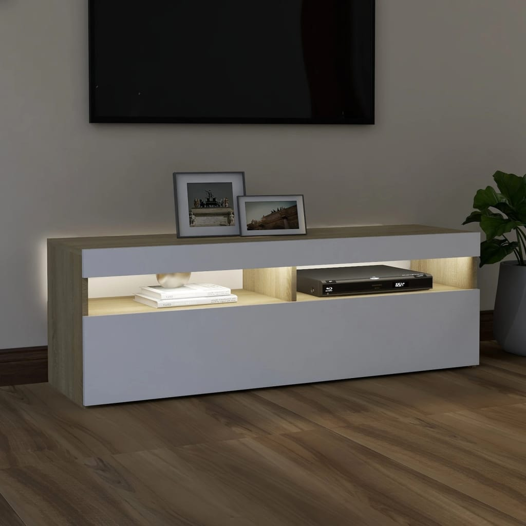 TV Cabinet with LED Lights in White and Sonoma Oak 47.2"x13.8"x15.7"