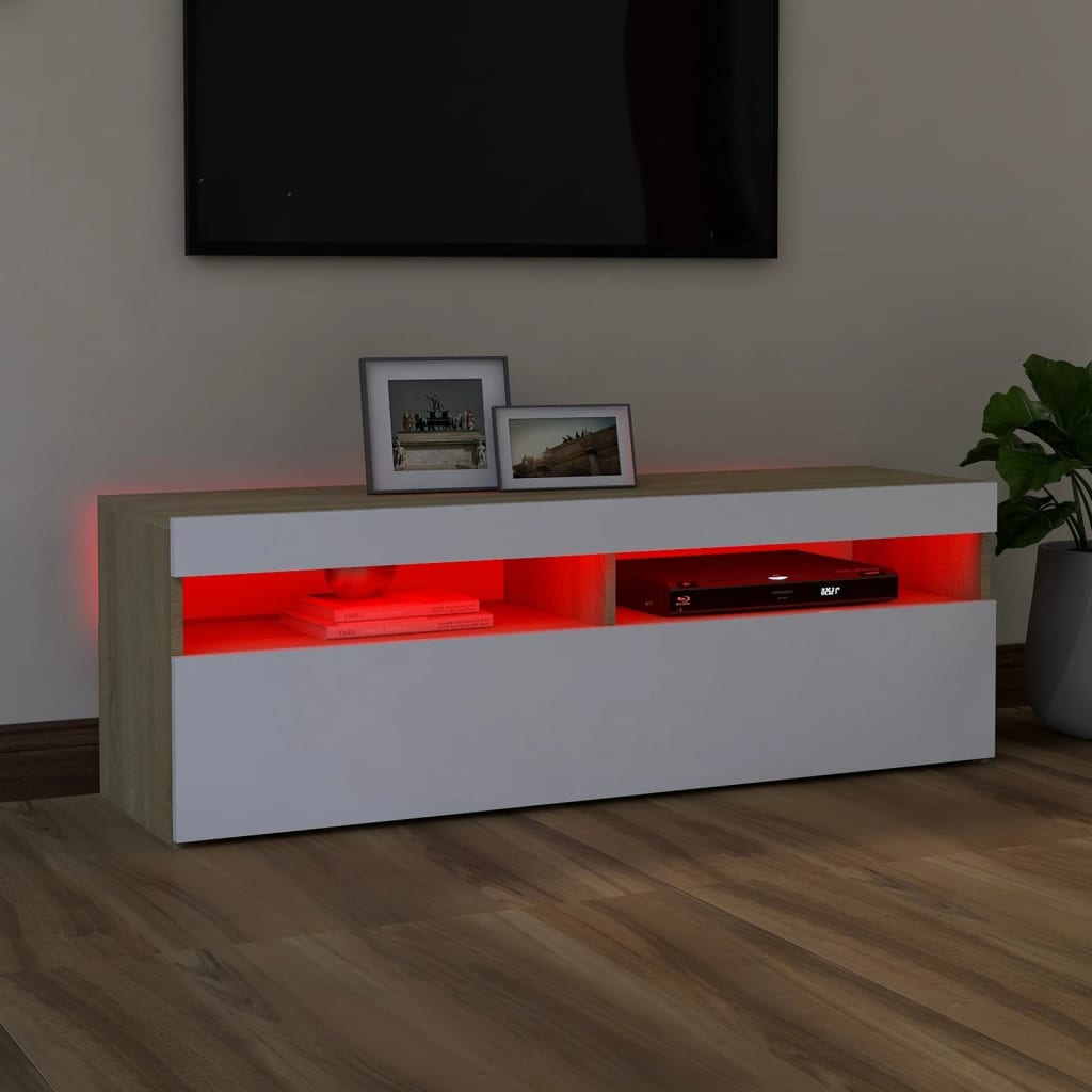 TV Cabinet with LED Lights in White and Sonoma Oak 47.2"x13.8"x15.7"