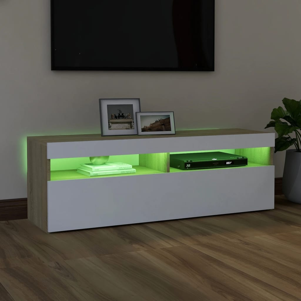 TV Cabinet with LED Lights in White and Sonoma Oak 47.2"x13.8"x15.7"