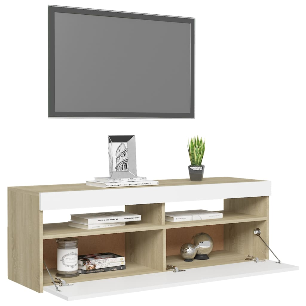 TV Cabinet with LED Lights in White and Sonoma Oak 47.2"x13.8"x15.7"