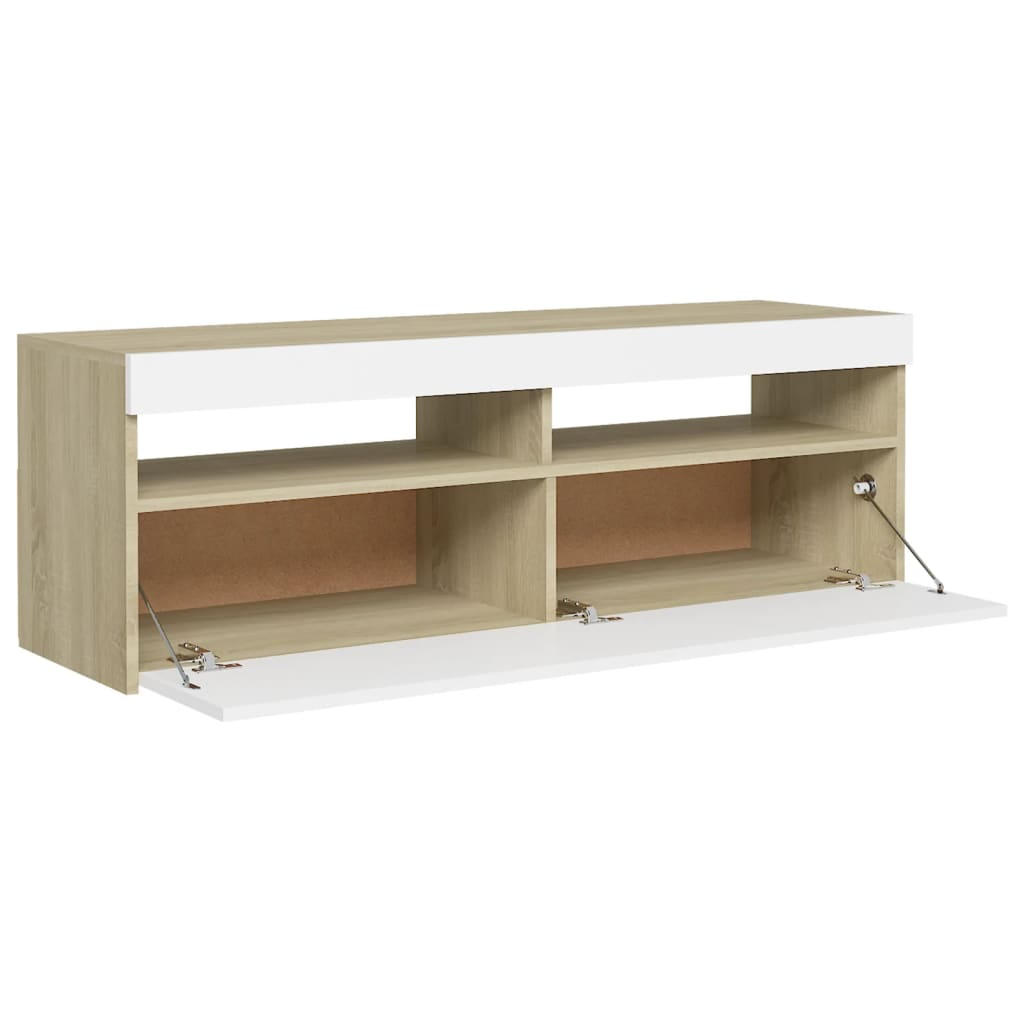 TV Cabinet with LED Lights in White and Sonoma Oak 47.2"x13.8"x15.7"