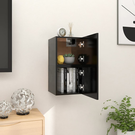 Wall Mounted TV Cabinets in Black 2 Piece Set