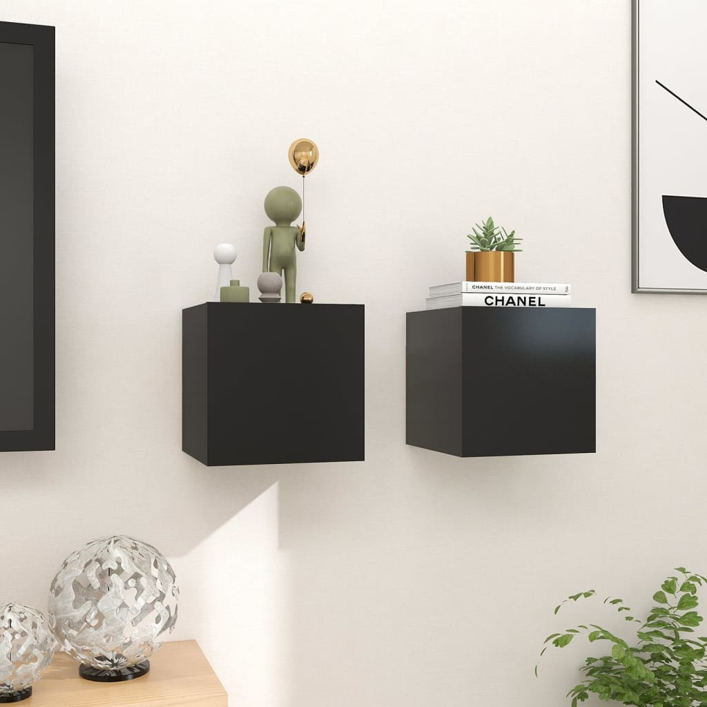 Wall Mounted TV Cabinets in Black 2 Piece Set