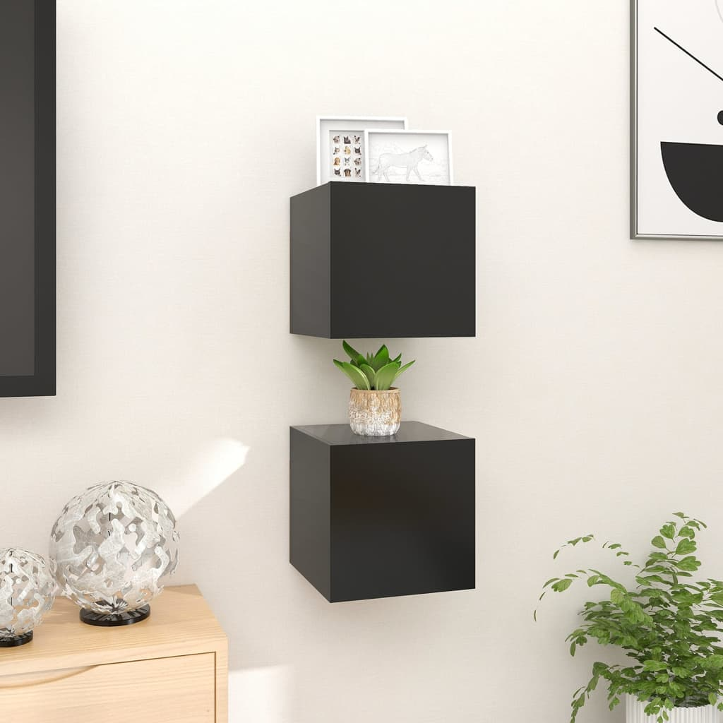 Wall Mounted TV Cabinets in Black 2 Piece Set