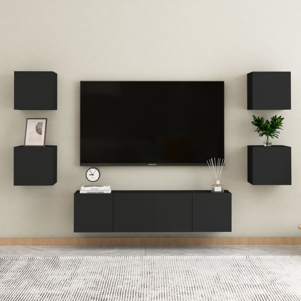 Wall Mounted TV Cabinets in Black 2 Piece Set