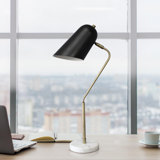 Asymmetrical Marble and Metal Desk Lamp with Black Sloped Shade