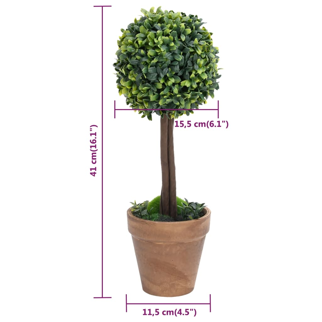 Green Artificial Ball Shaped Boxwood Plants with Pots 2 pcs 16.1"