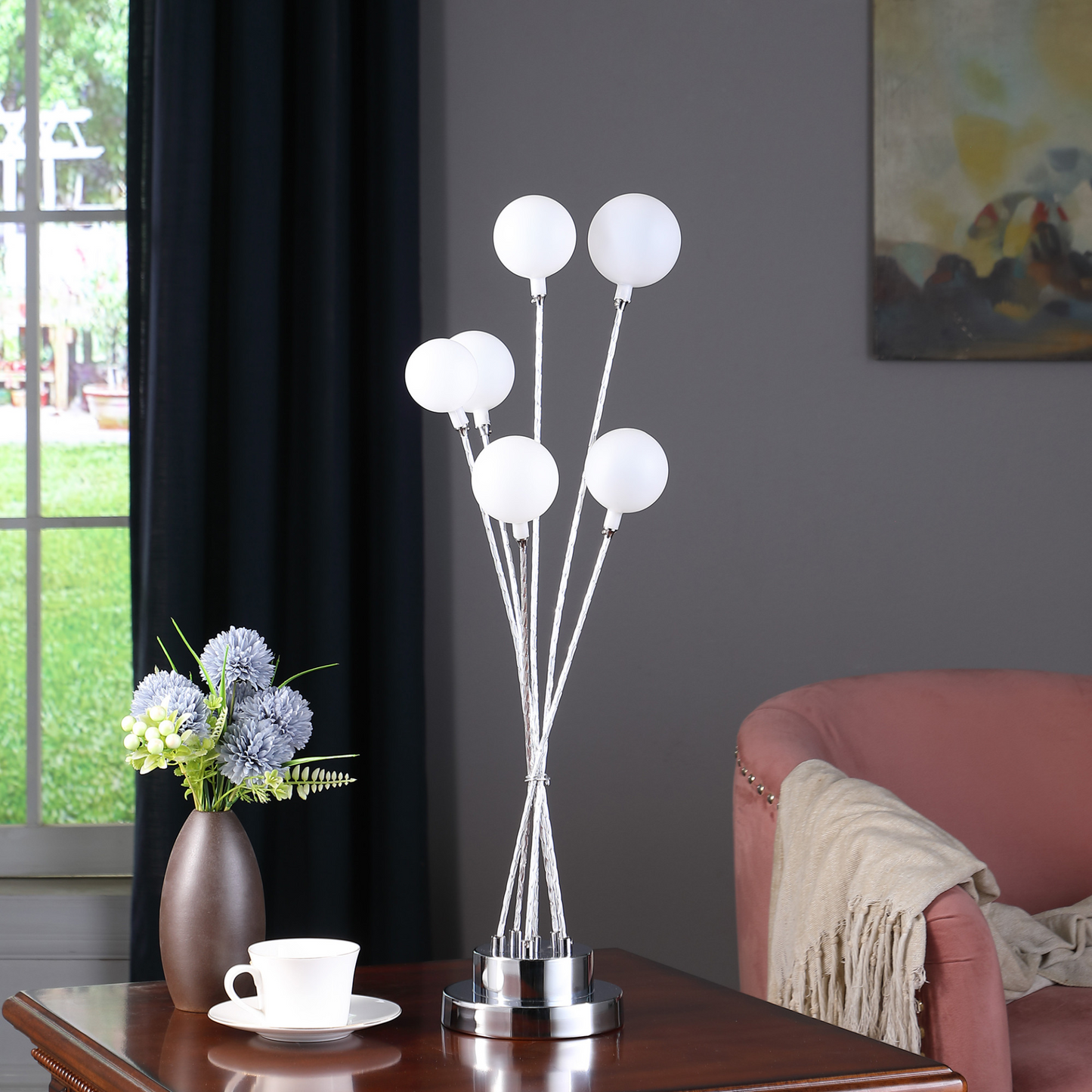 28" Silver Chrome Six Light Globes Lamp