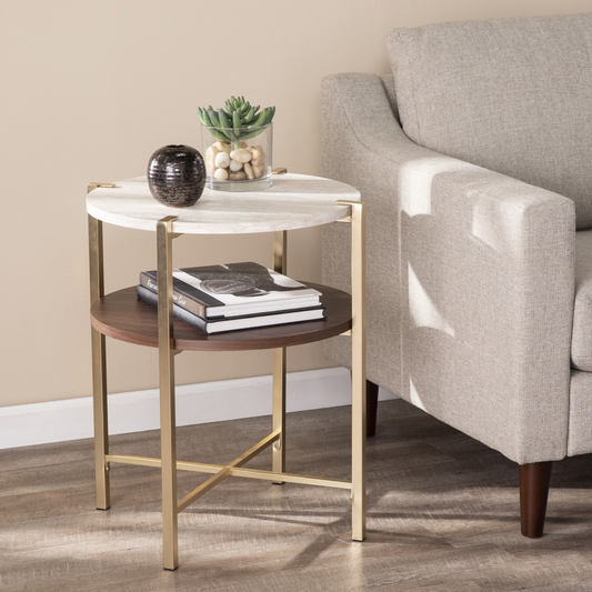 24" Brass Manufactured Wood And Iron Round End Table With Shelf