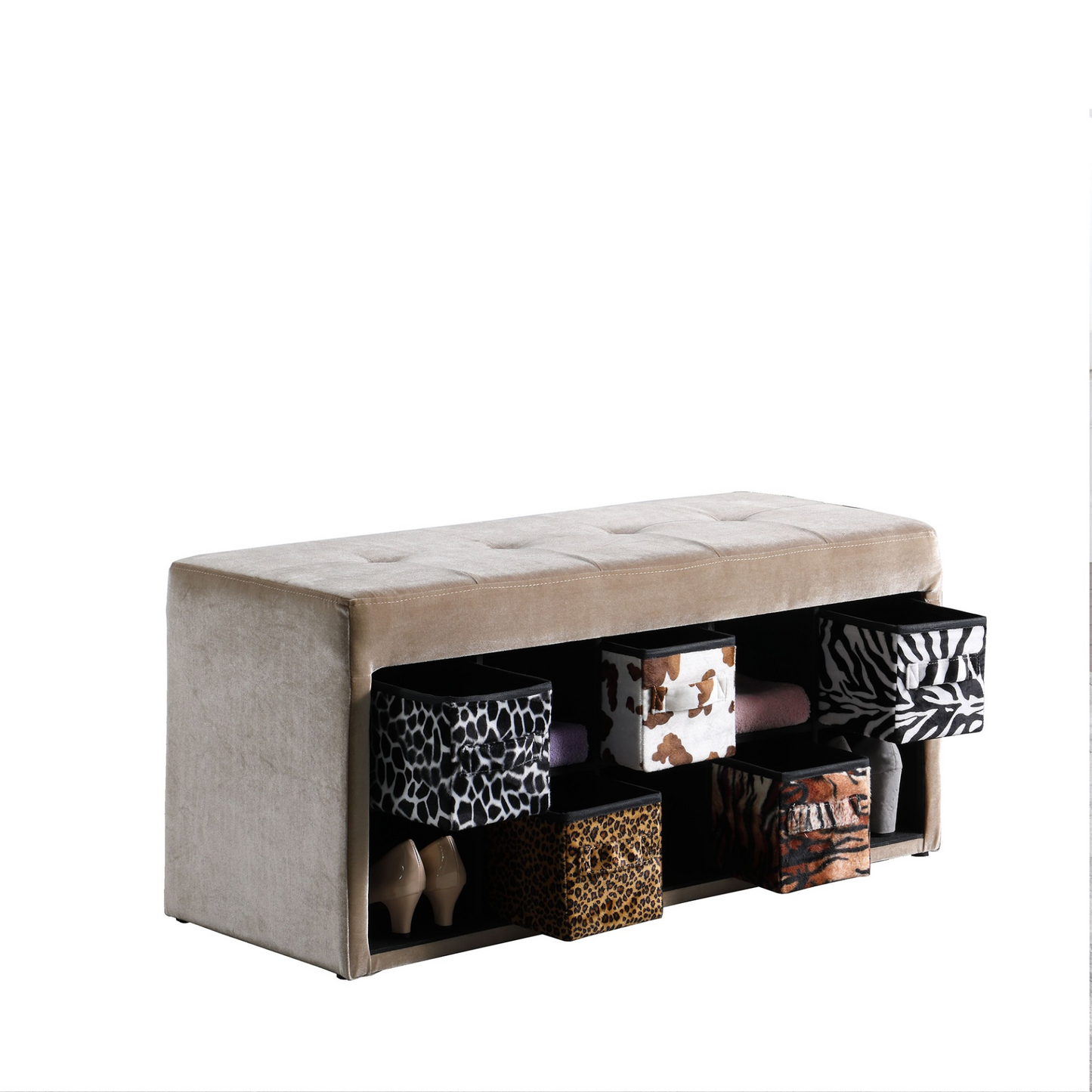 Beige Velour Storage Bench with Exotic Animal Print Baskets