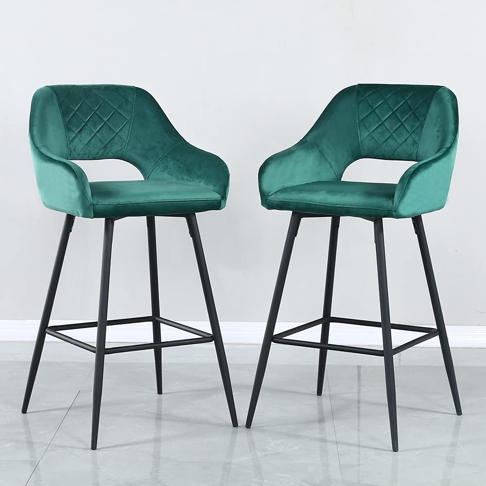 Set Of 2 Green Velvet And Black Open Back Bar Height Chairs