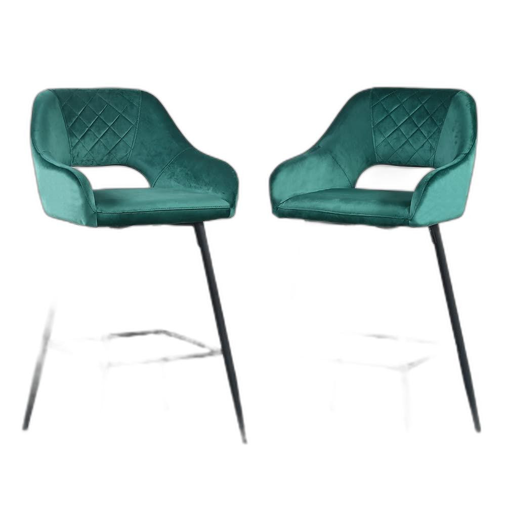 Set Of 2 Green Velvet And Black Open Back Bar Height Chairs