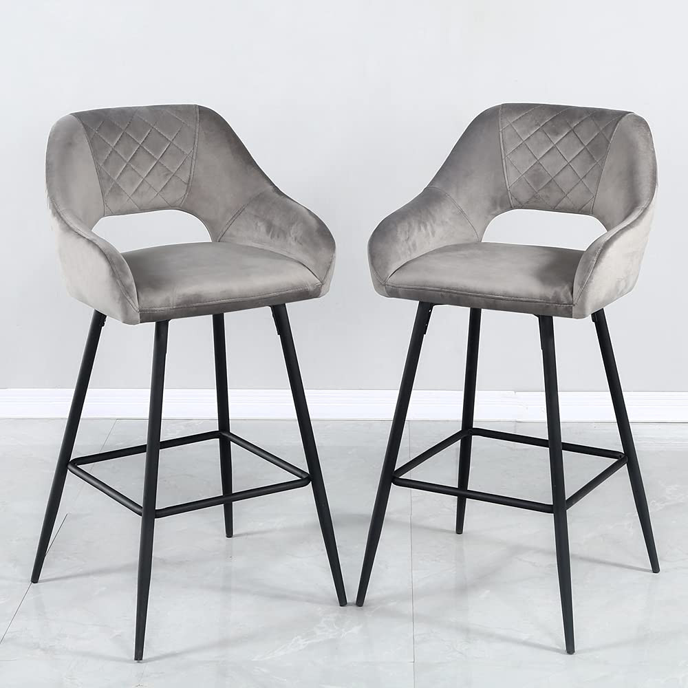 Set Of 2 Low Gray Velvet And Black Open Back Bar Chairs