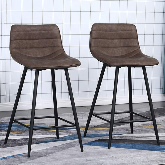 Set Of 2 Brown Faux Leather And Black Low Bar Chairs