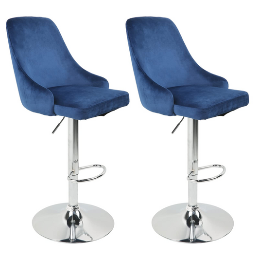 Set Of 2 Blue Silver Pedestal Swivel Bar Chairs