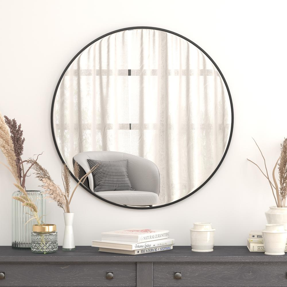 36" Round Black Metal Framed Wall Mirror - Large Accent Mirror